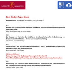 Best Student Paper Award Nominierung (WI 2015) für „Konzept und Evaluation einer Facebook-Applikation zur crossmedialen Selbstorganisation freiwilliger Helfer“ von Marc-André Kaufhold und Christian Reuter Best Student Paper Award Nominierung (WI 2015) für „Konzept und Evaluation einer Facebook-Applikation zur crossmedialen Selbstorganisation freiwilliger Helfer“ von Marc-André Kaufhold und Christian Reuter