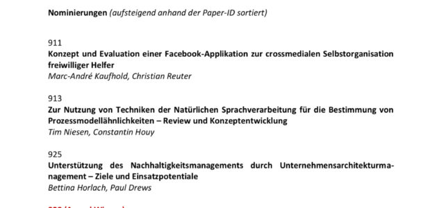 Best Student Paper Award Nominierung (WI 2015) für „Konzept und Evaluation einer Facebook-Applikation zur crossmedialen Selbstorganisation freiwilliger Helfer“ von Marc-André Kaufhold und Christian Reuter Best Student Paper Award Nominierung (WI 2015) für „Konzept und Evaluation einer Facebook-Applikation zur crossmedialen Selbstorganisation freiwilliger Helfer“ von Marc-André Kaufhold und Christian Reuter