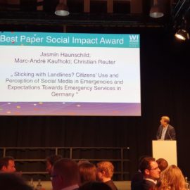 Best Paper Social Impact Award (Paper with Highest Social Impact) für PEASEC-Paper von J. Haunschild, M.-A. Kaufhold und C. Reuter auf der 15. Internationalen Tagung Wirtschaftsinformatik
