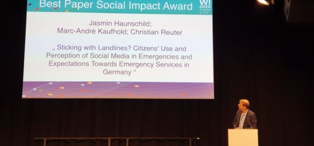 Best Paper Social Impact Award (Paper with Highest Social Impact) für PEASEC-Paper von J. Haunschild, M.-A. Kaufhold und C. Reuter auf der 15. Internationalen Tagung Wirtschaftsinformatik Best Paper Social Impact Award (Paper with Highest Social Impact) für PEASEC-Paper von J. Haunschild, M.-A. Kaufhold und C. Reuter auf der 15. Internationalen Tagung Wirtschaftsinformatik