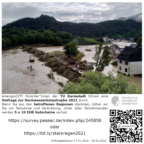 Aufruf zur Umfrage "Hochwasser 2021" unter https://survey.peasec.de/index.php/245858